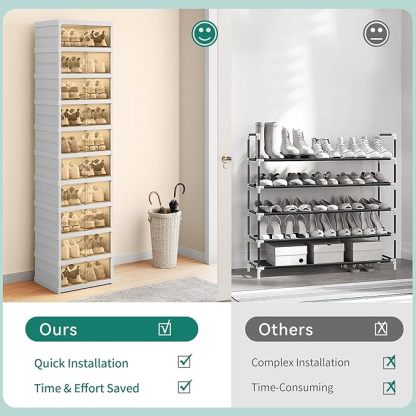 YITAHOME 10 Tiers-20 Pairs Easy Assembly Shoe Box With Magnetic Doors, Foldable Shoe Storage Organizer For Closet, Collapsible Shoe Rack Sneaker Organizer For Entryway, Living Room, Bedroom (White)