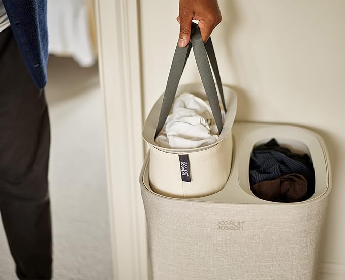 Joseph Joseph Tota 60 Liter/15.8 Gallon Laundry Hamper Separation Basket With Lid, 2 Removable Washing Bags With Handles- Ecru