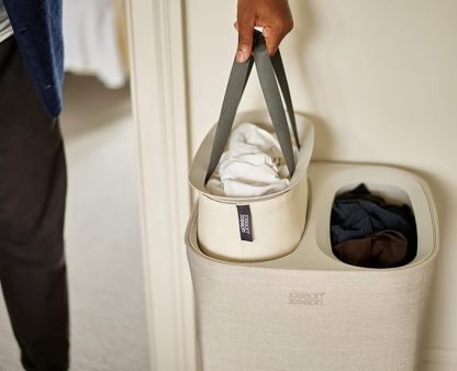 Joseph Joseph Tota 60 Liter/15.8 Gallon Laundry Hamper Separation Basket With Lid, 2 Removable Washing Bags With Handles- Ecru
