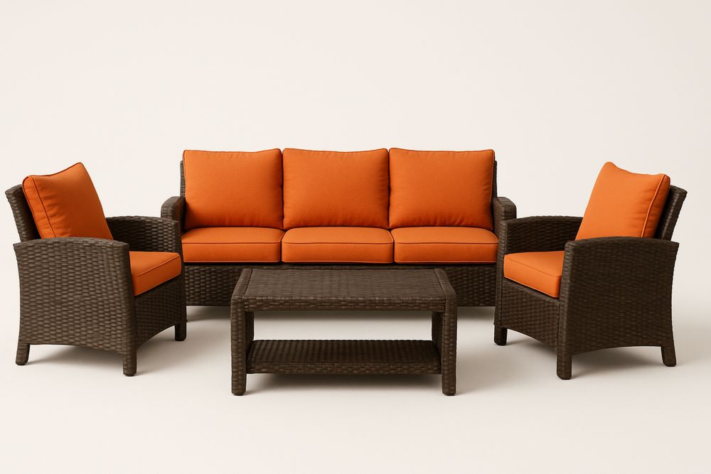 Rattan kerti bútor szett narancssárga párnákkal, háromszemélyes kanapéval és két fotellel-Nestlivia