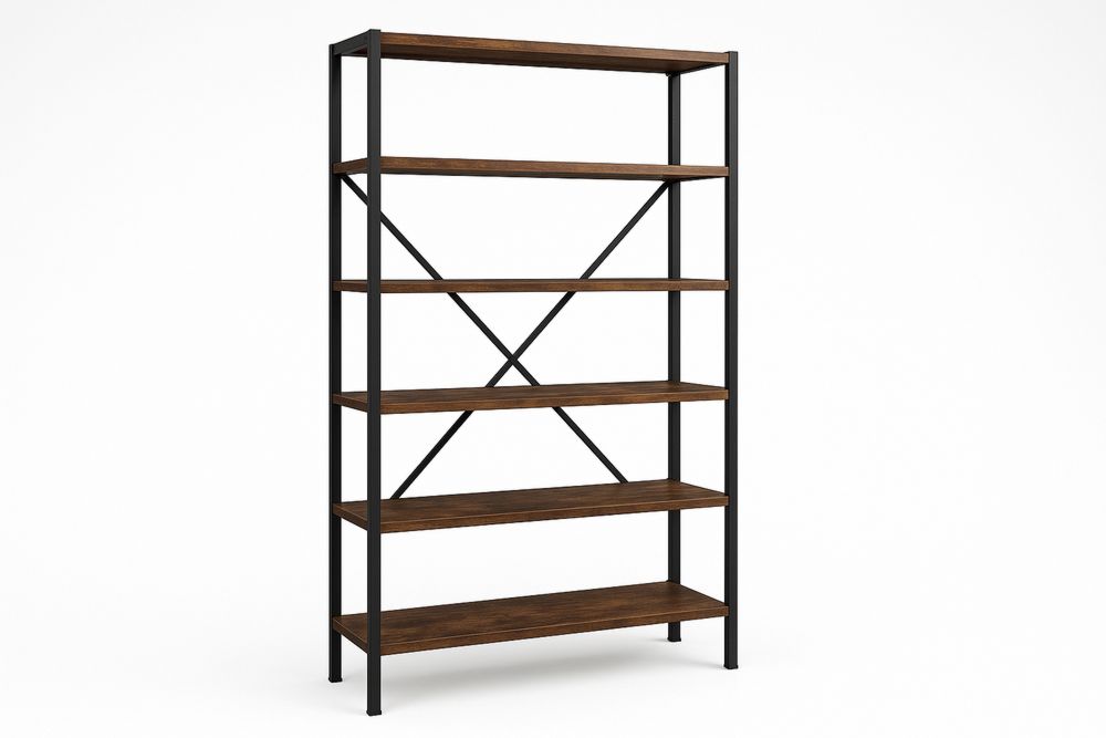 Ötpolcos álló könyvespolc fém vázzal és fa polcokkal, 180 cm magas, 90 cm széles, barna/fekete-Nestlivia