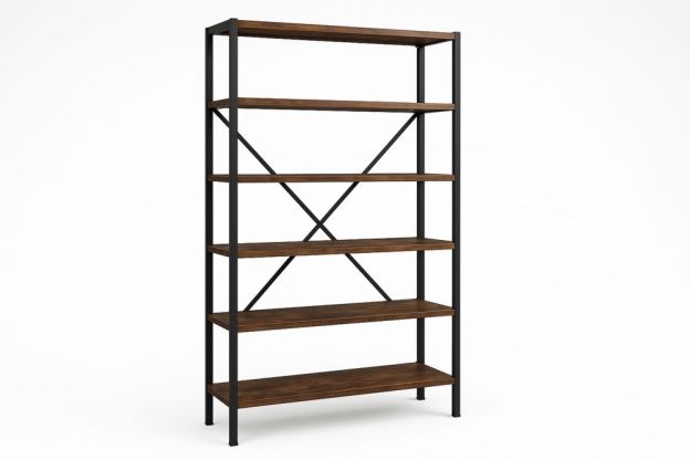 Ötpolcos álló könyvespolc fém vázzal és fa polcokkal, 180 cm magas, 90 cm széles, barna/fekete-Nestlivia