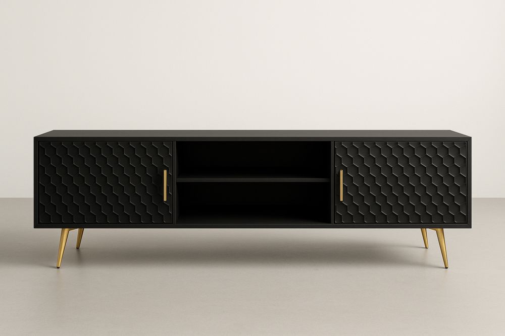 Fekete TV szekrény arany lábakkal méhsejt mintás ajtókkal MDF és fém-Nestlivia