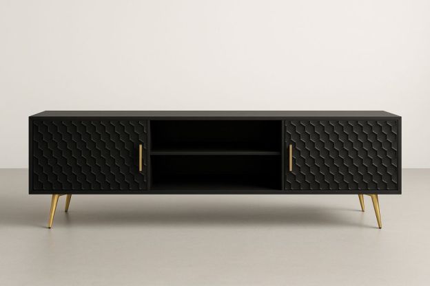 Fekete TV szekrény arany lábakkal méhsejt mintás ajtókkal MDF és fém-Nestlivia
