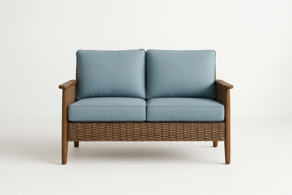 Kétszemélyes mesterkélt rattan kanapé kék poliészter párnákkal, fa keret-Nestlivia