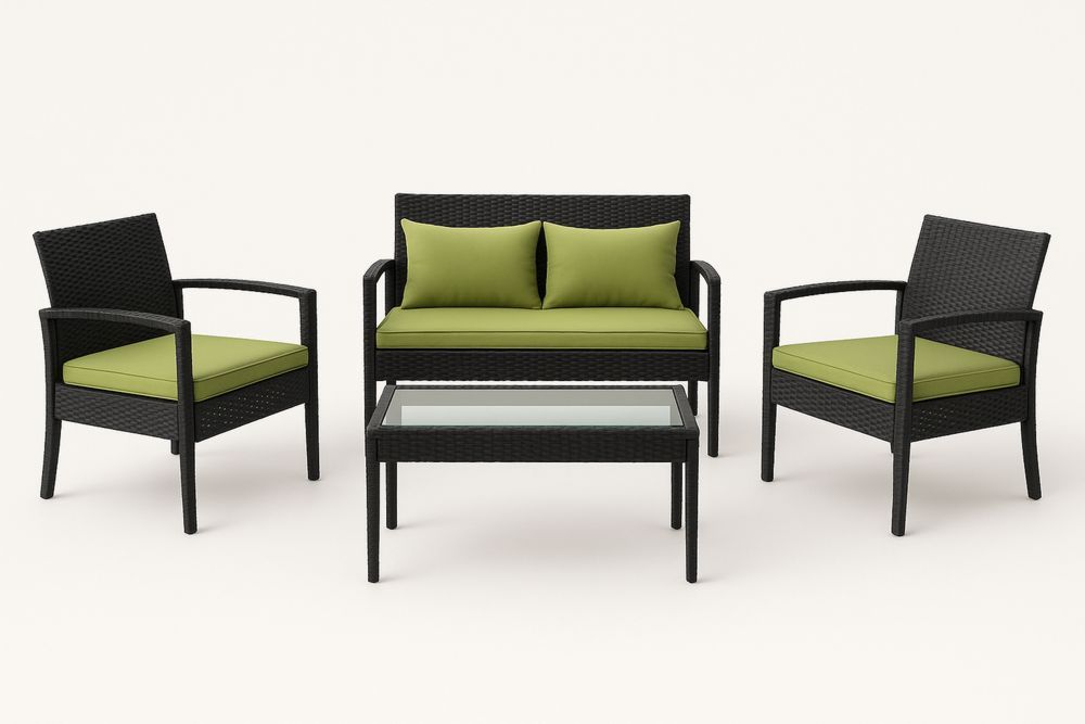 Polyrattan Kerti Bútorkészlet Üveg Asztallappal, Zöld Párnákkal-Nestlivia