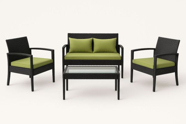 Polyrattan Kerti Bútorkészlet Üveg Asztallappal, Zöld Párnákkal-Nestlivia