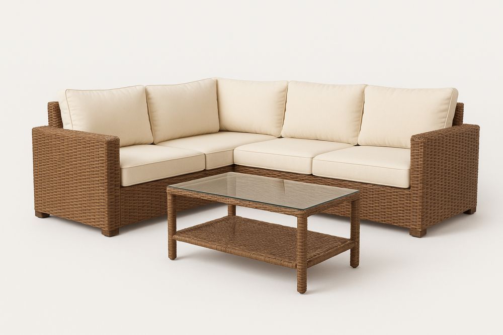 Kültéri sarok ülőgarnitúra fonott műanyagból, üveg asztallal, bézs párnákkal-Nestlivia