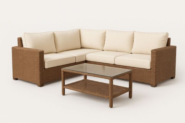 Kültéri sarok ülőgarnitúra fonott műanyagból, üveg asztallal, bézs párnákkal-Nestlivia