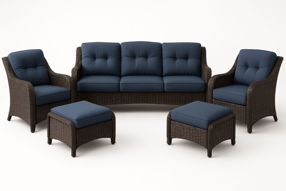 Polyrattan és Acél Kerti Ülőgarnitúra Kék Párnákkal-Nestlivia