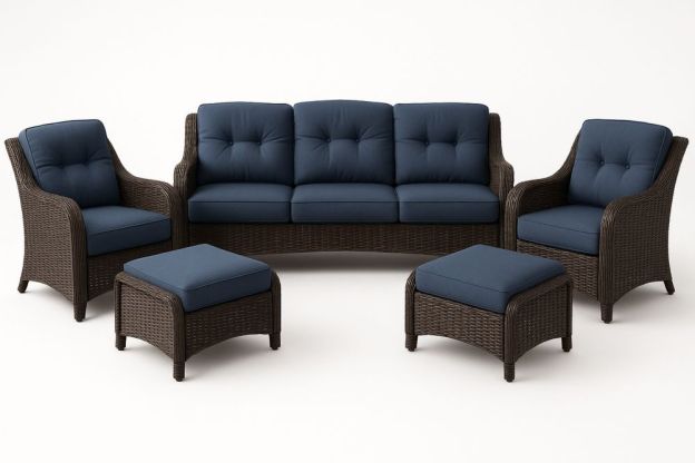 Polyrattan és Acél Kerti Ülőgarnitúra Kék Párnákkal-Nestlivia