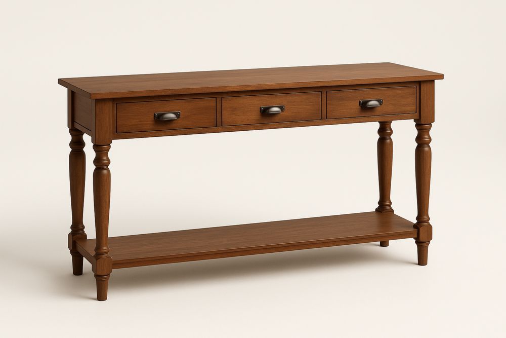 Fa konzolasztal 3 fiókos polcos 120x40x80 cm barna tölgy-Nestlivia