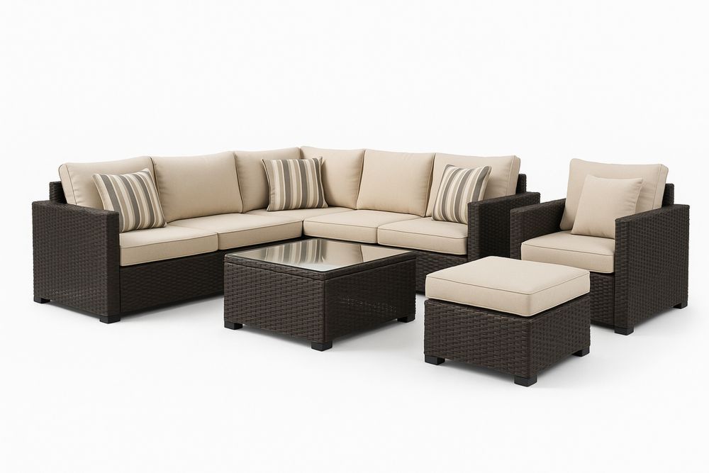 Kültéri sarokkanapé szett műanyag fonott barna/bézs színben-Nestlivia