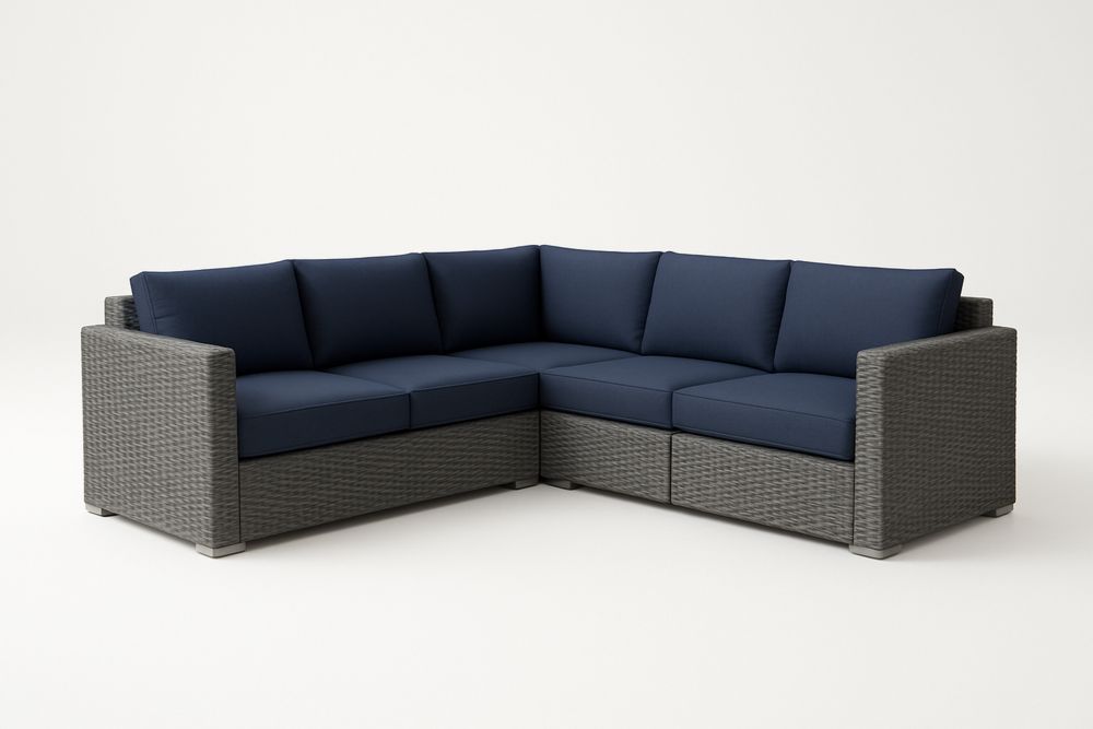 Kültéri sarokkanapé szett fonott műanyag szerkezettel és sötétkék poliészter párnákkal-Nestlivia