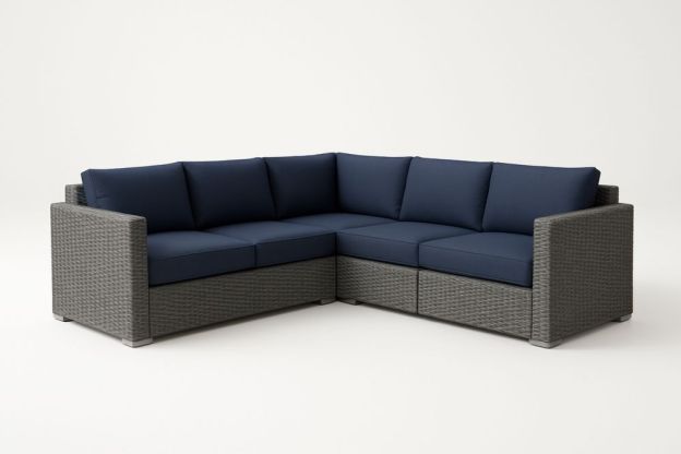 Kültéri sarokkanapé szett fonott műanyag szerkezettel és sötétkék poliészter párnákkal-Nestlivia