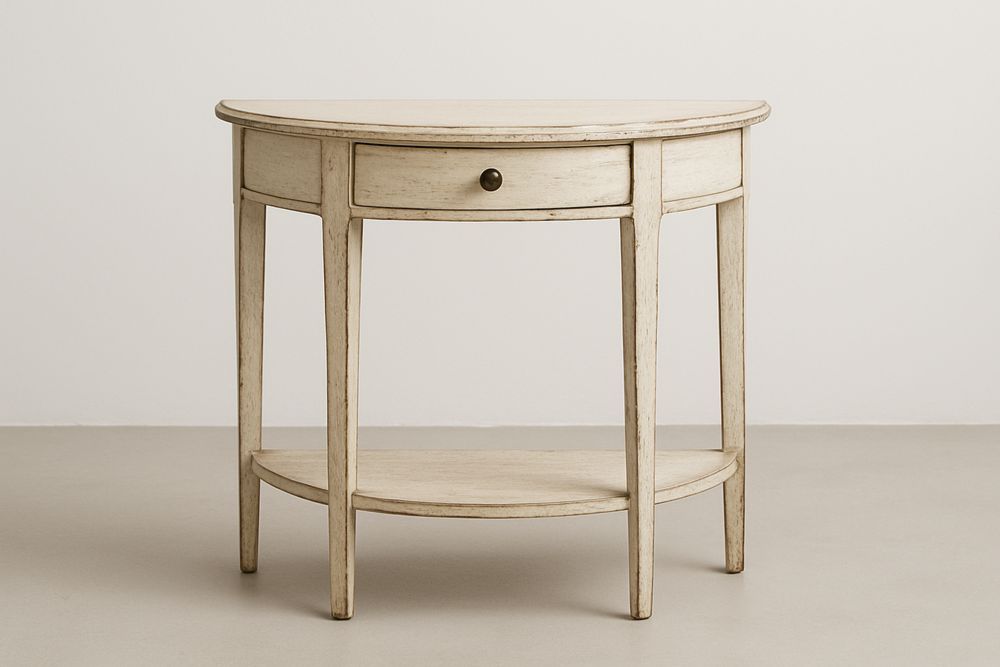 Félkör alakú konzolasztal fából fiókkal és alsó polccal, Bézs-Nestlivia