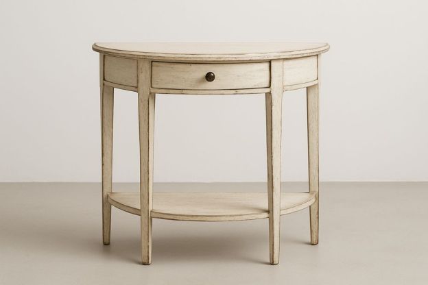 Félkör alakú konzolasztal fából fiókkal és alsó polccal, Bézs-Nestlivia