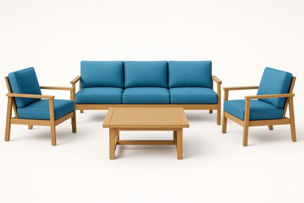 Kerti bútorgarnitúra kék szövet párnákkal, fa váz-Nestlivia