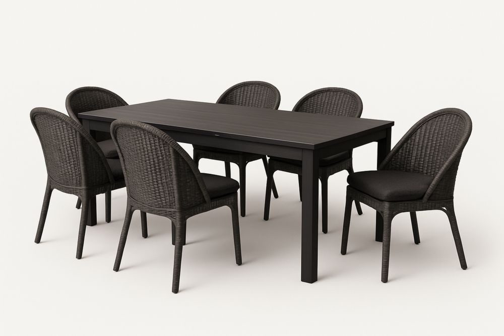 Kerti étkezőgarnitúra fém asztallal és 6 fonott székekkel-Nestlivia