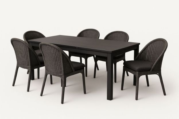 Kerti étkezőgarnitúra fém asztallal és 6 fonott székekkel-Nestlivia