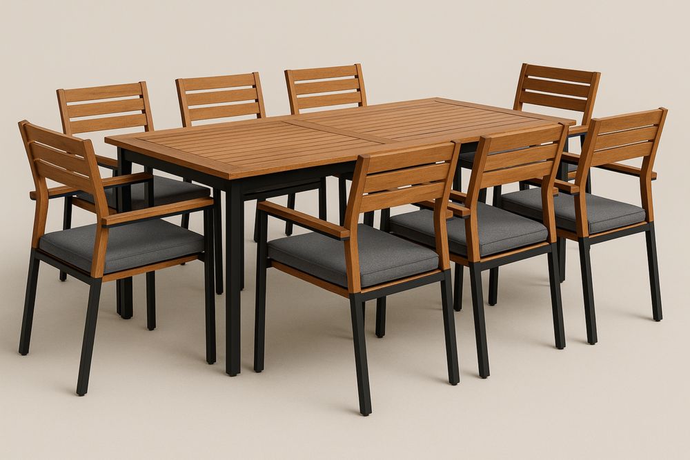 Kültéri étkező szett 8 személyes fa és fém asztallal, párnázott székekkel-Nestlivia