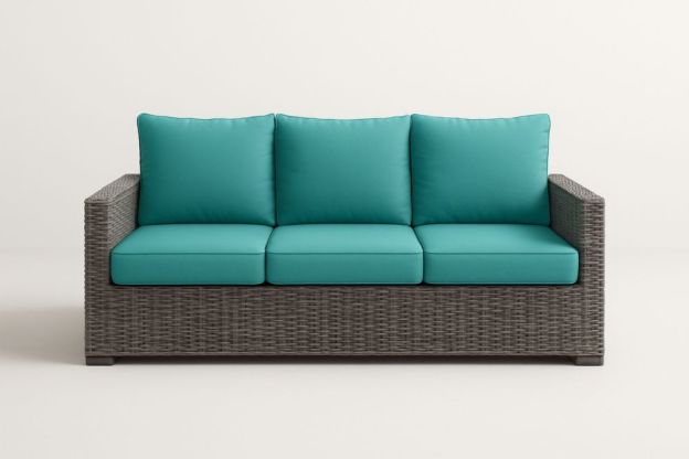 Kerti kanapé háromszemélyes poliészter párnákkal fonott műanyag keret-Nestlivia