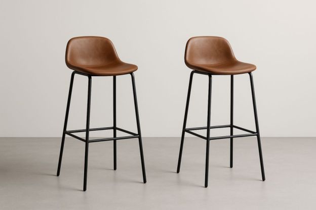 Bárszék fekete fém vázzal barna PU bőr üléssel 2 darabos szett-Nestlivia