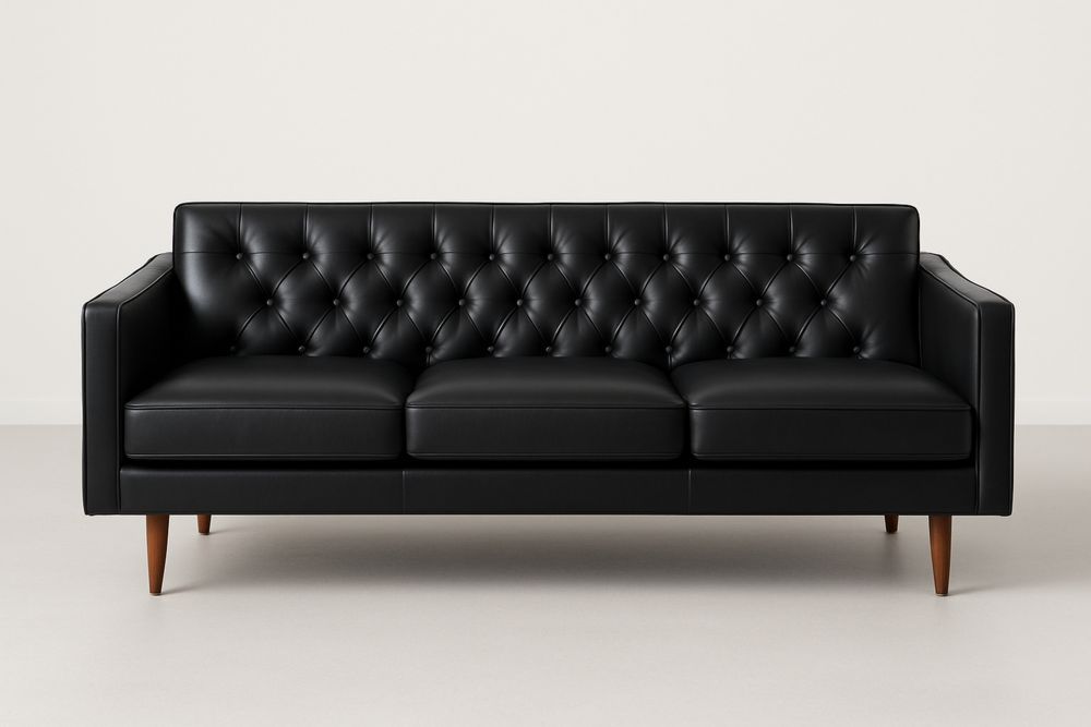 Fekete bőr kanapé háromszemélyes fa lábakkal-Nestlivia