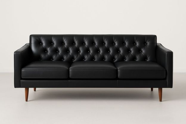 Fekete bőr kanapé háromszemélyes fa lábakkal-Nestlivia