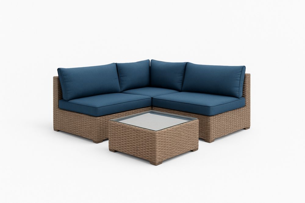 Kerti sarokülő műrattan barna-kék szett üvegasztallal-Nestlivia