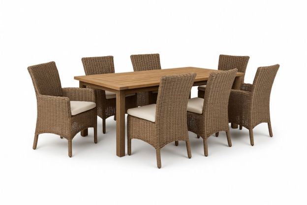 Kerti étkező garnitúra fa asztallal és rattan székekkel párnával 7 darabos Barna/Bézs-Nestlivia