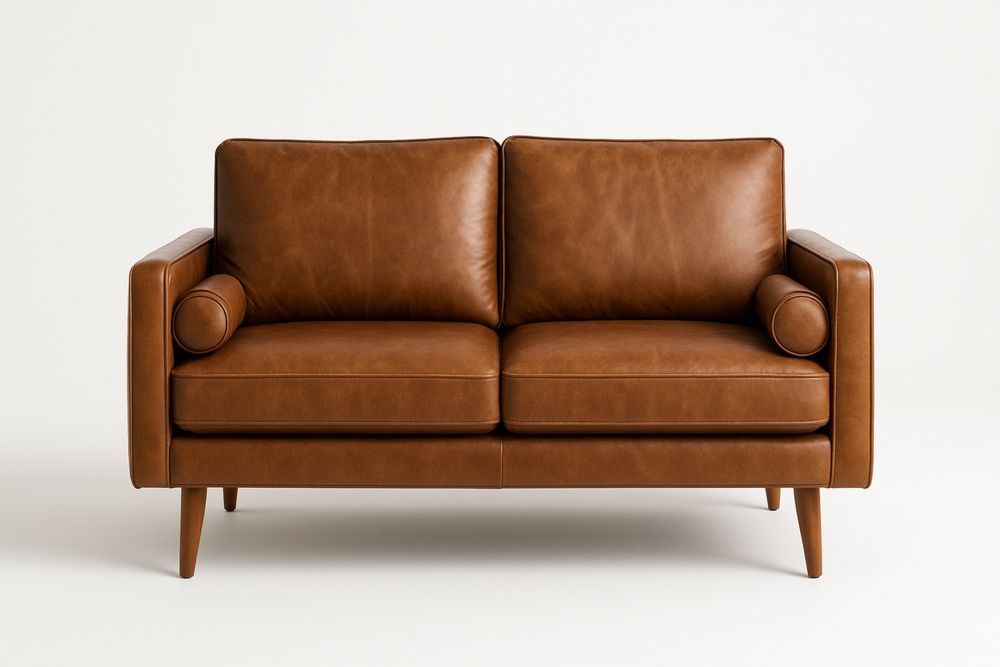 Kétszemélyes kanapé barna bőr kárpittal fa lábbal-Nestlivia