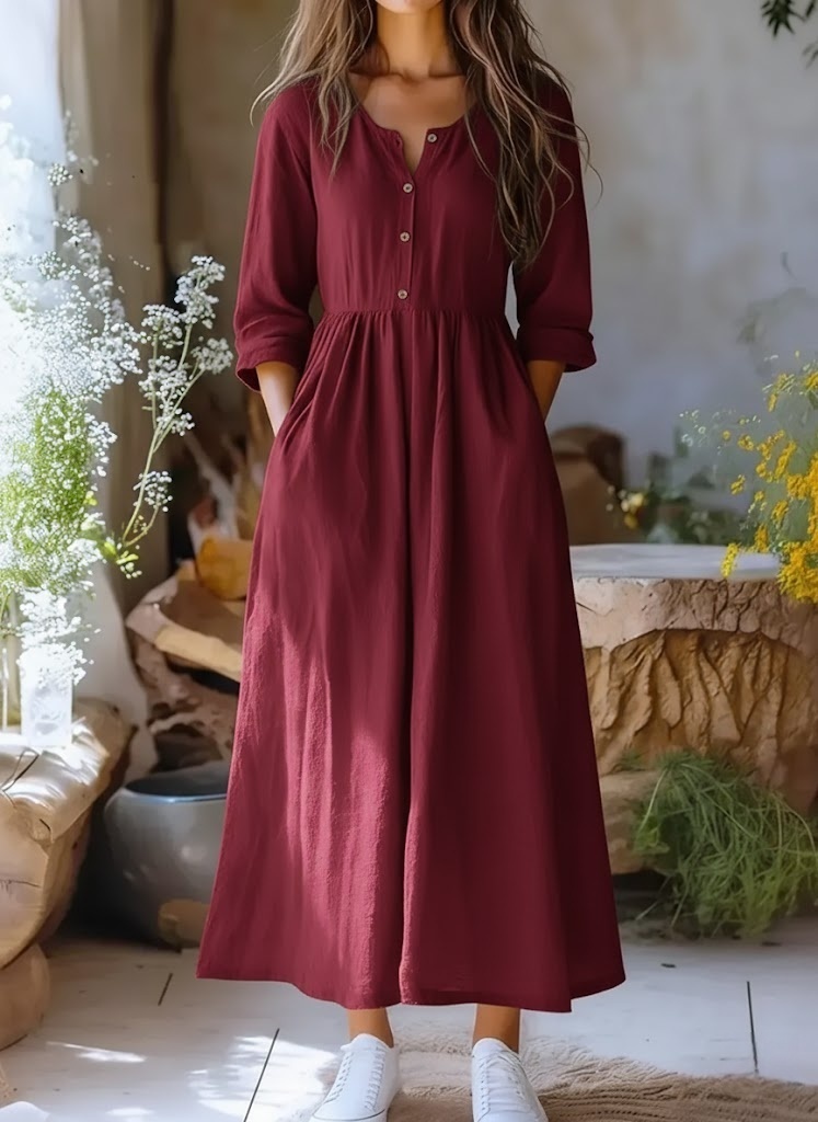 Women's Solid Color Casual Classy Cotton Linen Long Sleeve Dress