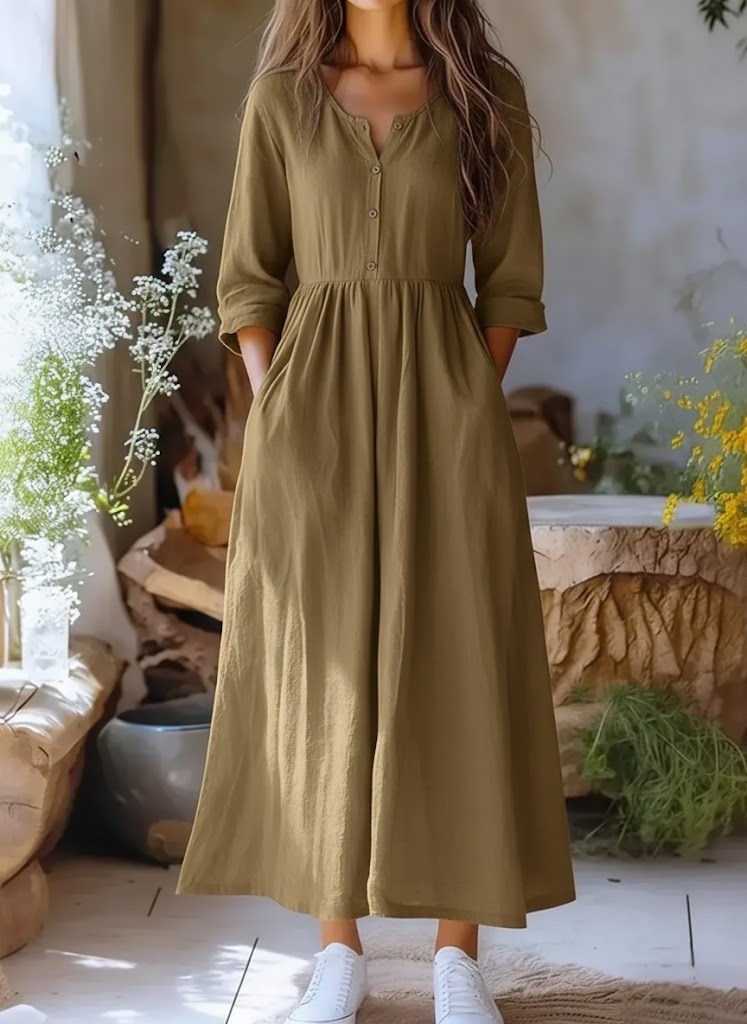 Women's Solid Color Casual Classy Cotton Linen Long Sleeve Dress