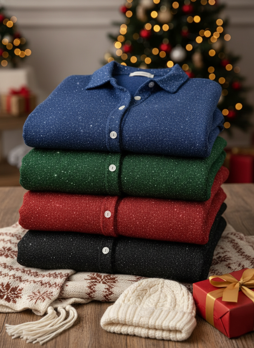 Women's Christmas Shirt Button Sequin Sparkling Sweater