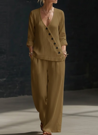 New Arrivals🔥 Minimalist V-neck Shirt And Wide-leg Pants Two-piece Set