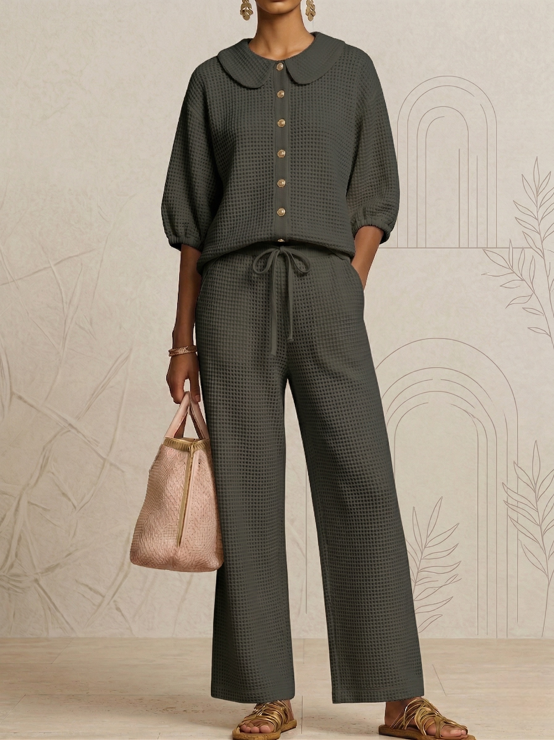 New Arrivals🔥Stylish Peter Pan Waffle Two-Piece Set-Casual Shirt & Wide Leg Pants Outfit