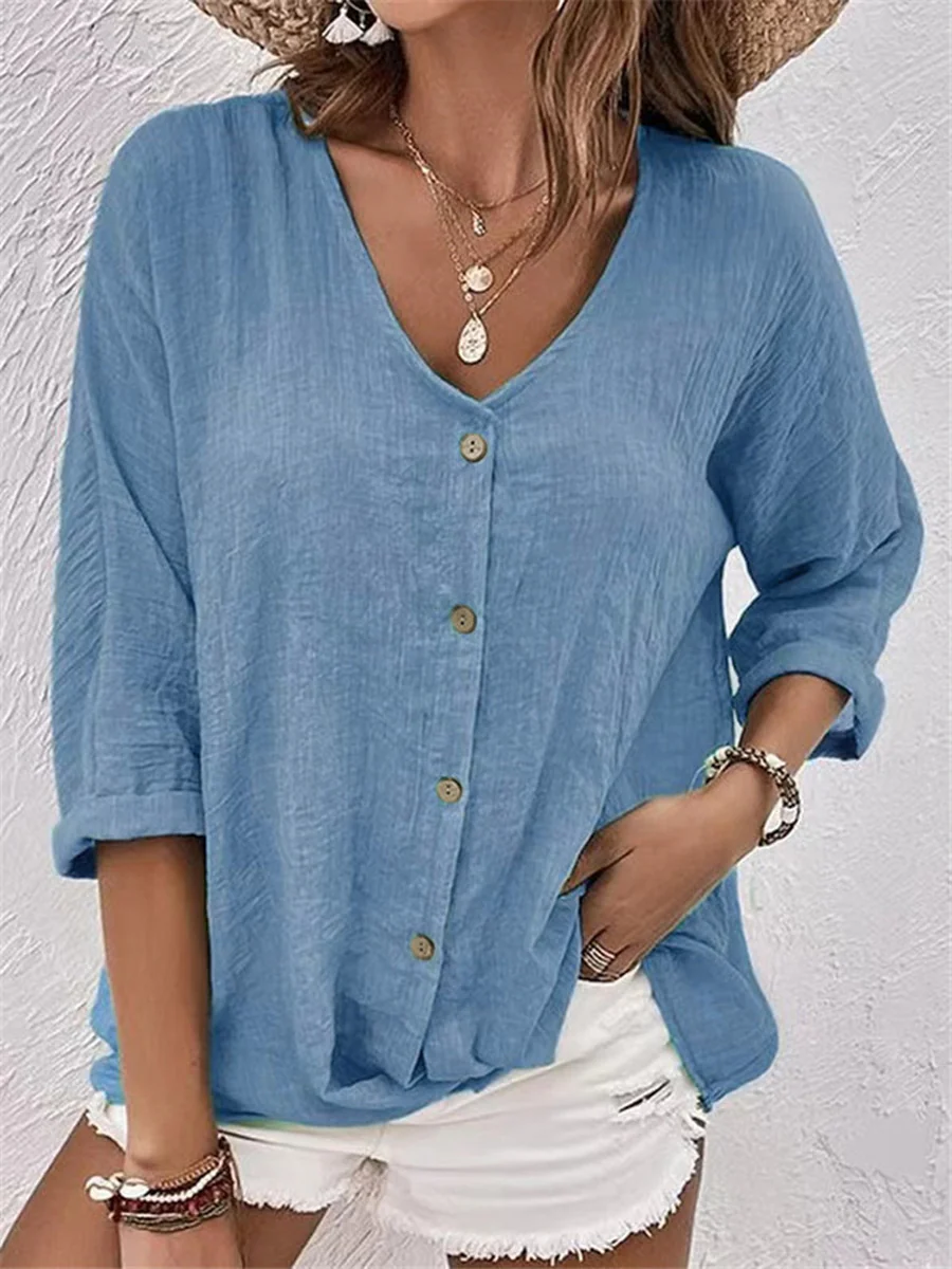 Women's V-neck Pullover Short Sleeve Loose-fit Shirt