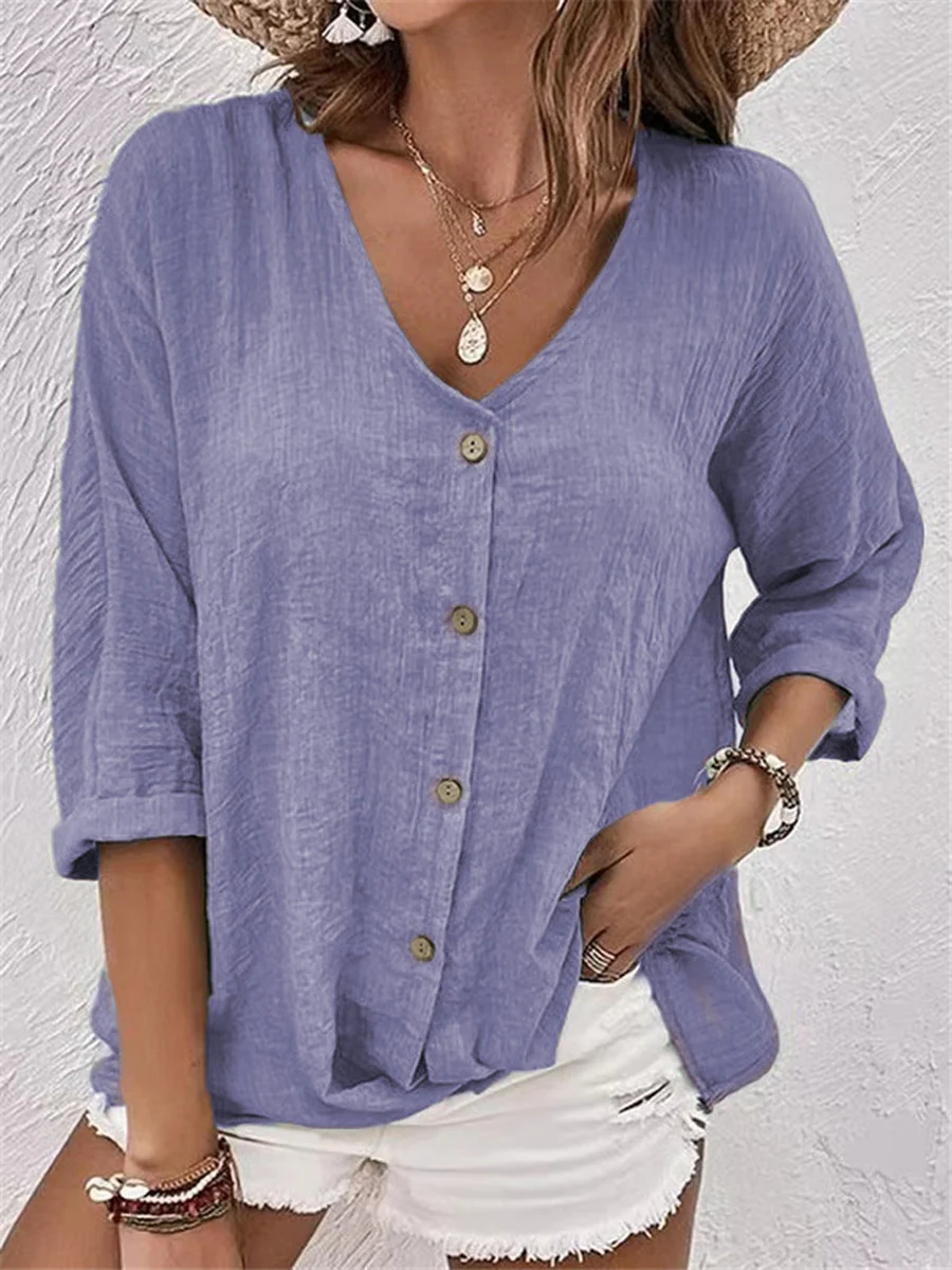 Women's V-neck Pullover Short Sleeve Loose-fit Shirt