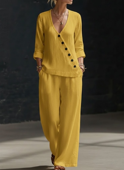 New Arrivals🔥 Minimalist V-neck Shirt And Wide-leg Pants Two-piece Set