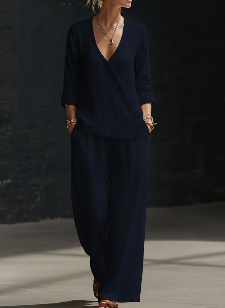 New Arrivals🔥 Minimalist V-neck Shirt And Wide-leg Pants Two-piece Set