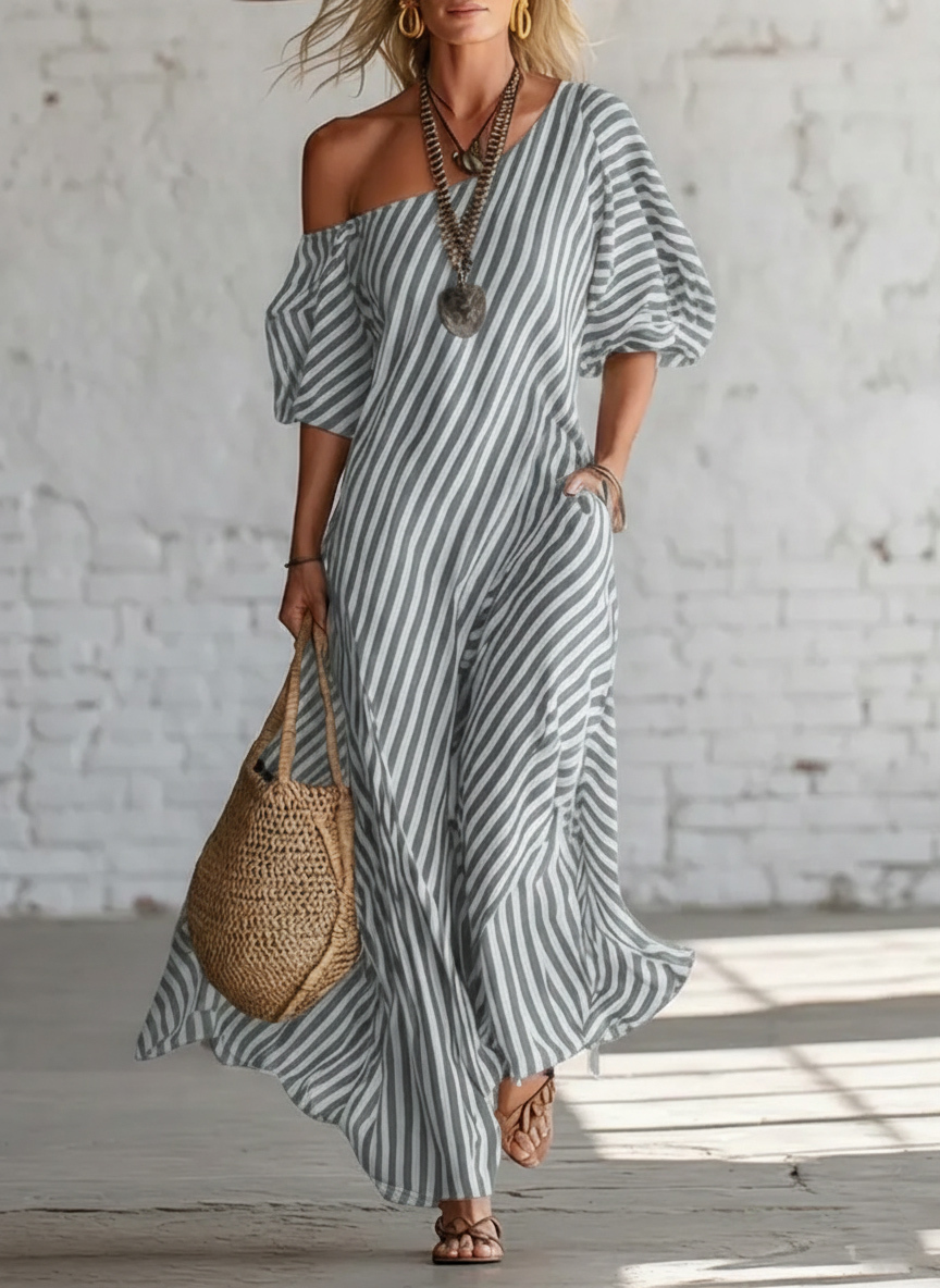 Elegant And Classic Striped Off-shoulder Maxi Dress