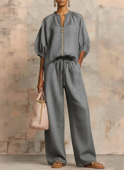 New Arrivals🔥Cozy Stylish Zip-up Top And Wide-leg Jeans Set