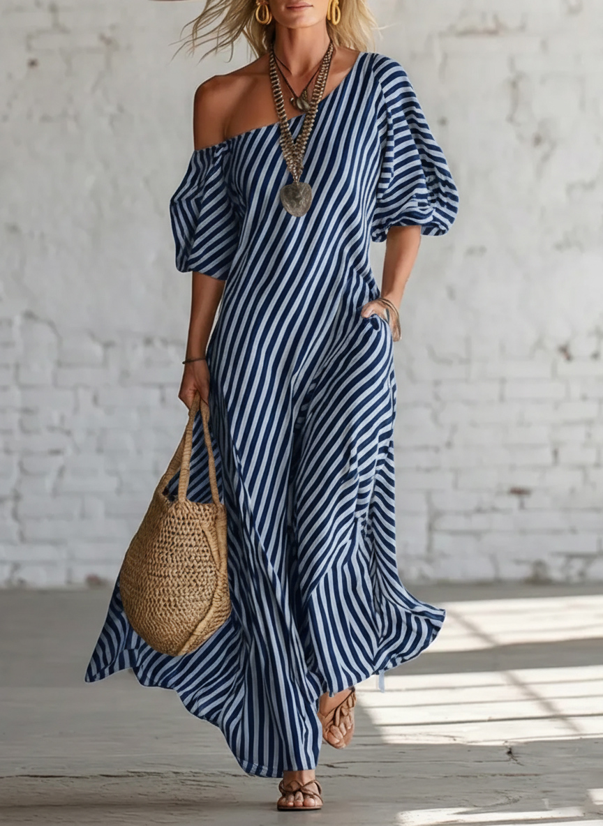 Elegant And Classic Striped Off-shoulder Maxi Dress