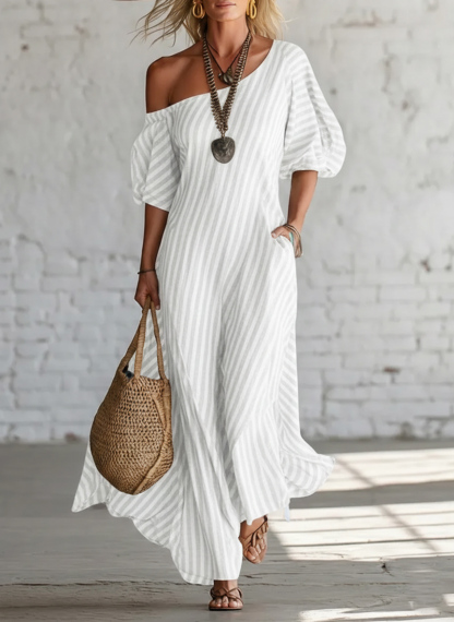 Elegant And Classic Striped Off-shoulder Maxi Dress