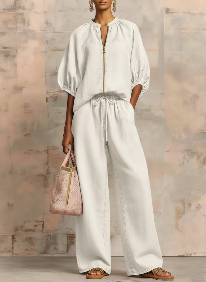 New Arrivals🔥Cozy Stylish Zip-up Top And Wide-leg Jeans Set