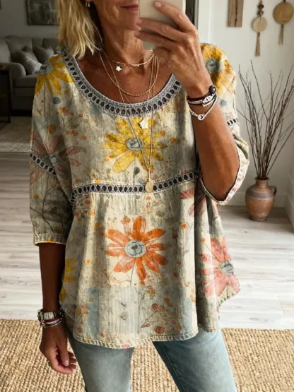 New Arrivals🔥Women's Bohemian Vintage Floral Art Print Casual Round Neck Cutout Top