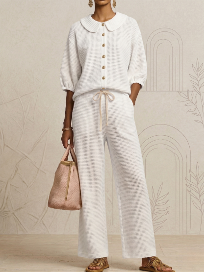 New Arrivals🔥Stylish Peter Pan Waffle Two-Piece Set-Casual Shirt & Wide Leg Pants Outfit