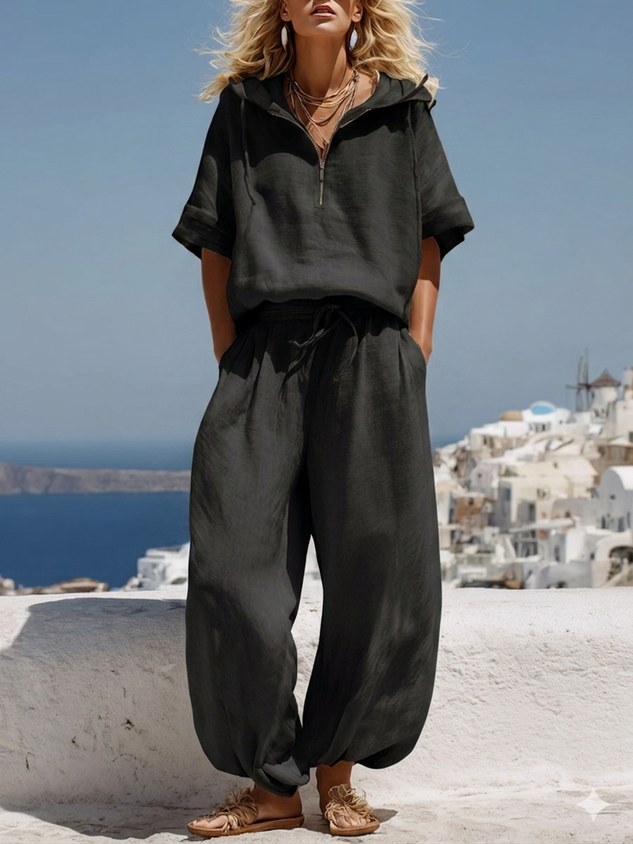 New Arrivals🔥Vacation Retro Cotton Linen Short-Sleeve Hooded Top And Balloon Pants Set