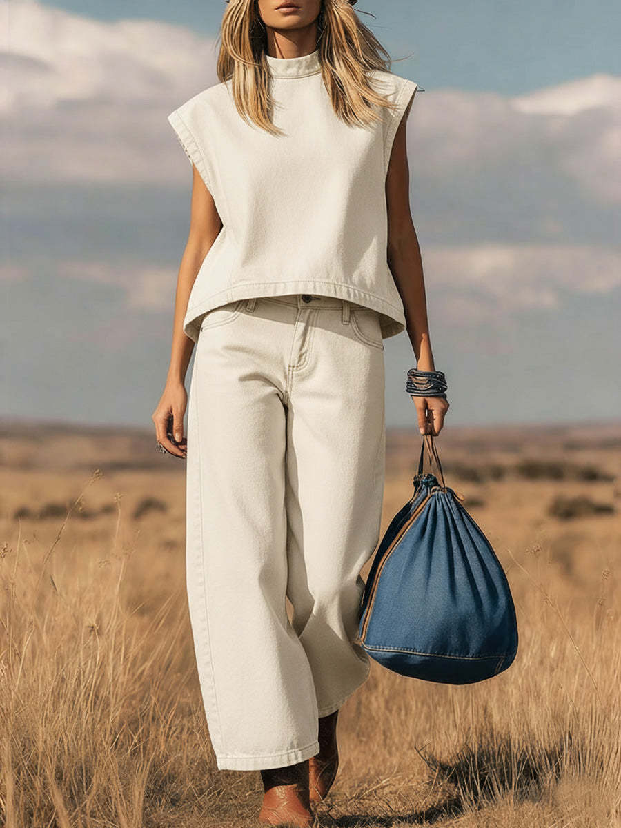 📦📦 New Arrivals🔥 Women's Stand Collar Sleeveless Casual Loose Top and High Waisted Loose Wide Leg Denim Pants Set